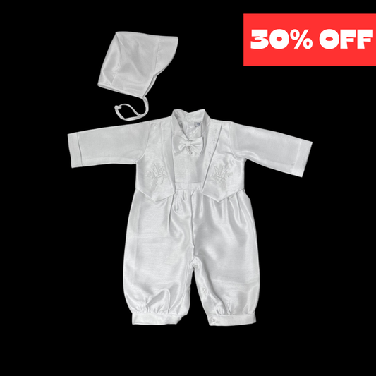 White Baptism Romper with Embroidered Vest & Hat (18 months)