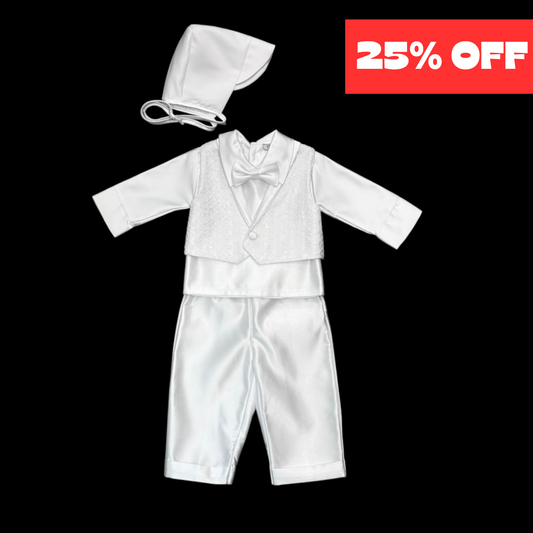 Embroidered Lace Pattern 3-Piece Baptism Suit w/ Hat