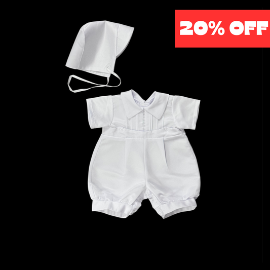 White One-Piece Baptism Romper w/ Hat