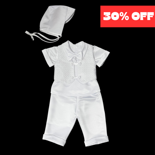 Short Sleeve Diamond Pattern 3-Piece Baptism Suit w/ Hat