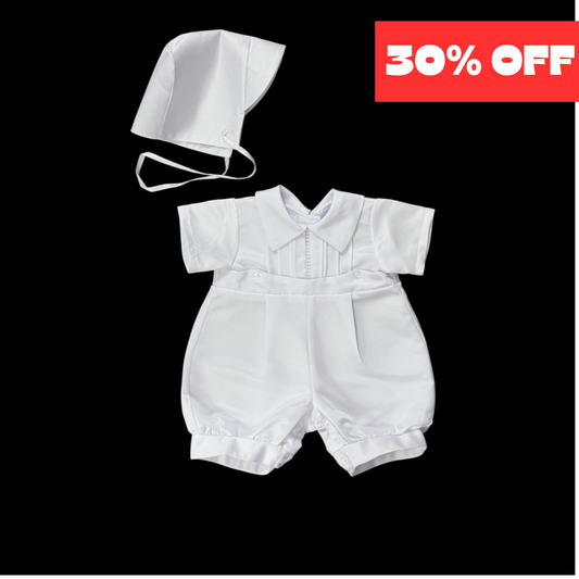 White One-Piece Baptism Romper w/ Hat