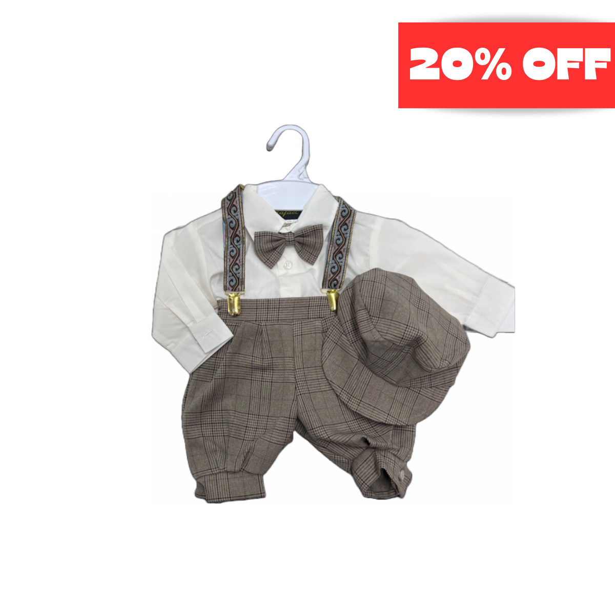 5-Piece Plaid Ivory/Taupe Suspender Set