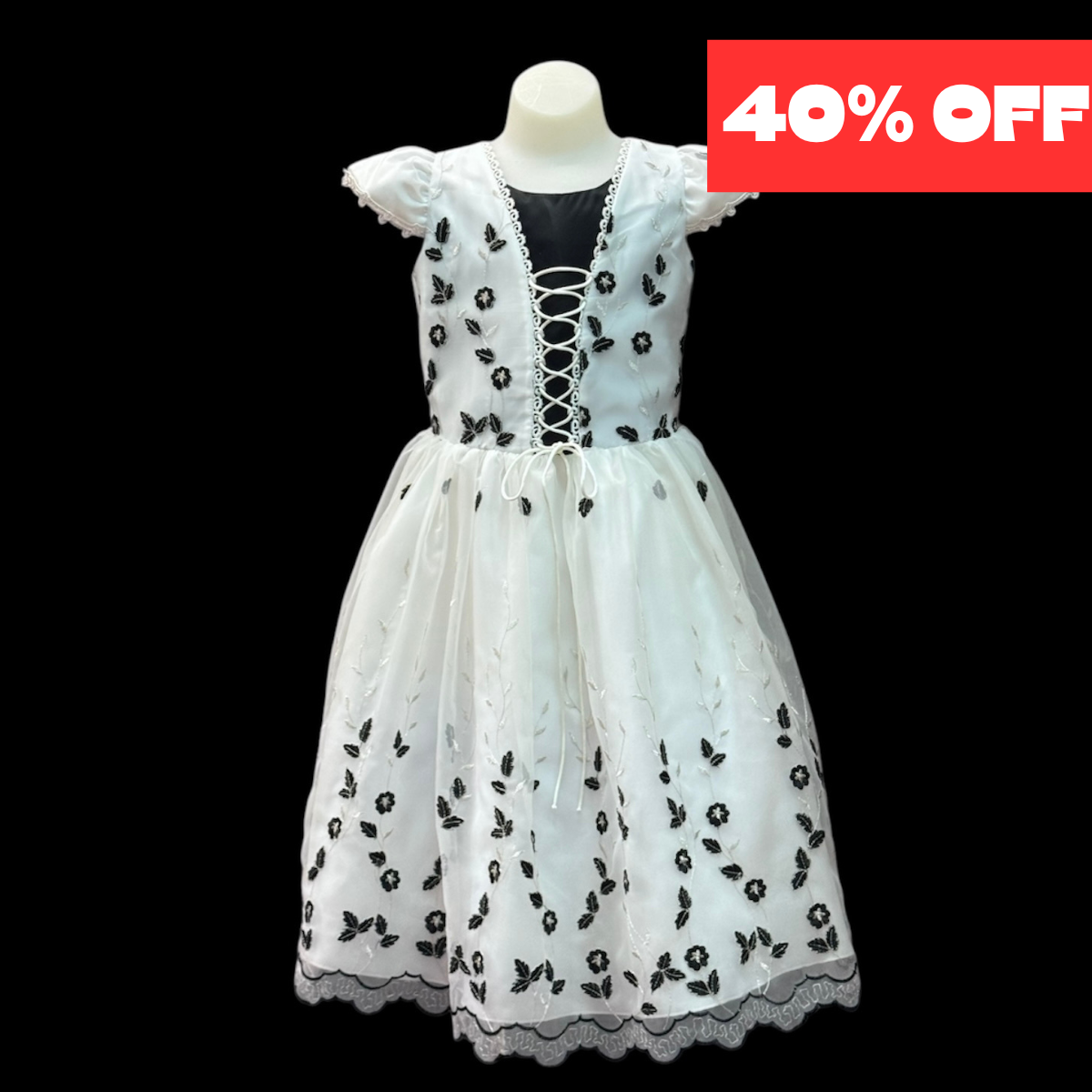 White & Black Short Sleeve Dress w/ Floral Embroidery (Size 8)