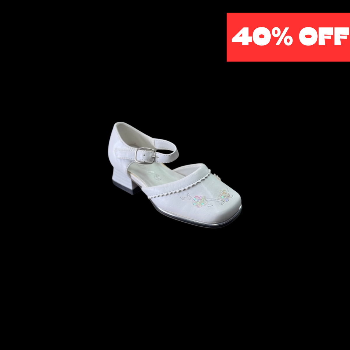 Jolene White Floral Embroidered Block Kitten Heel