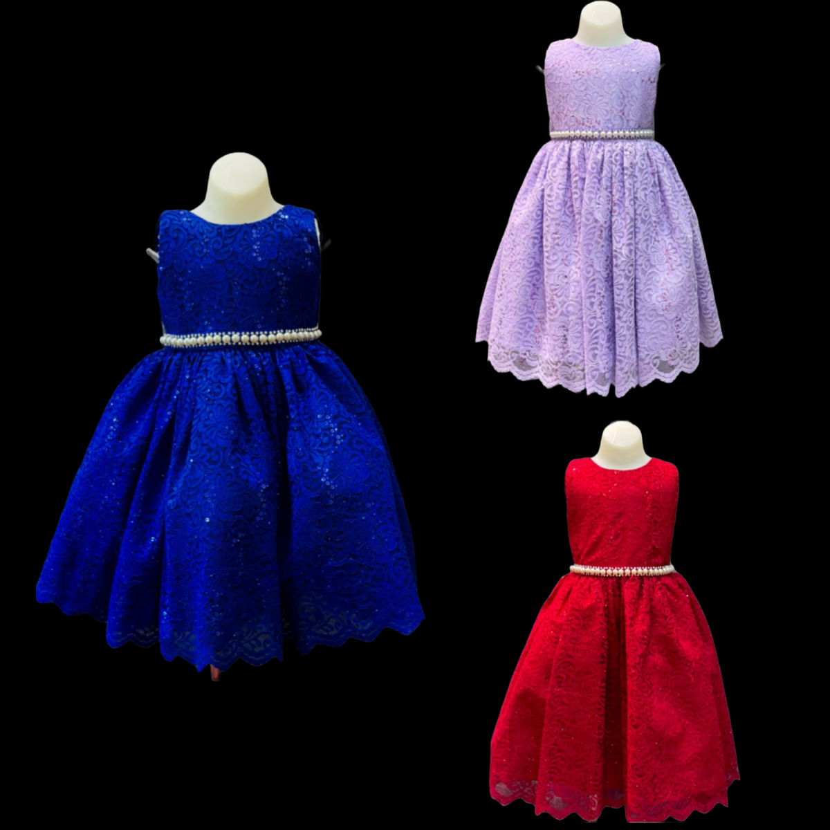 Glitter & Sparkle Lace Embroidered Dress w/ Pearl Belt