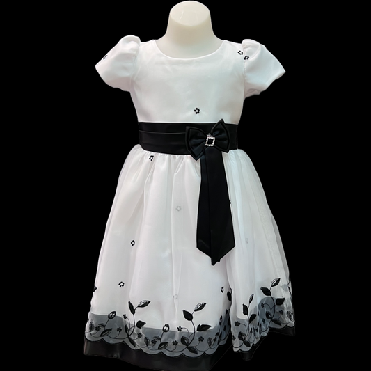 Short Sleeve Toddler White Dress w/ Black Accents