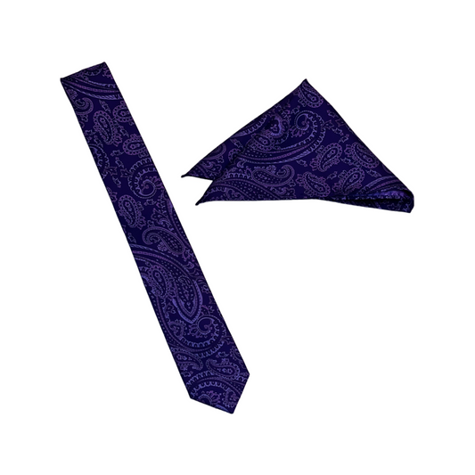 Dark Purple Paisley Mens Necktie & Pocket Square Set