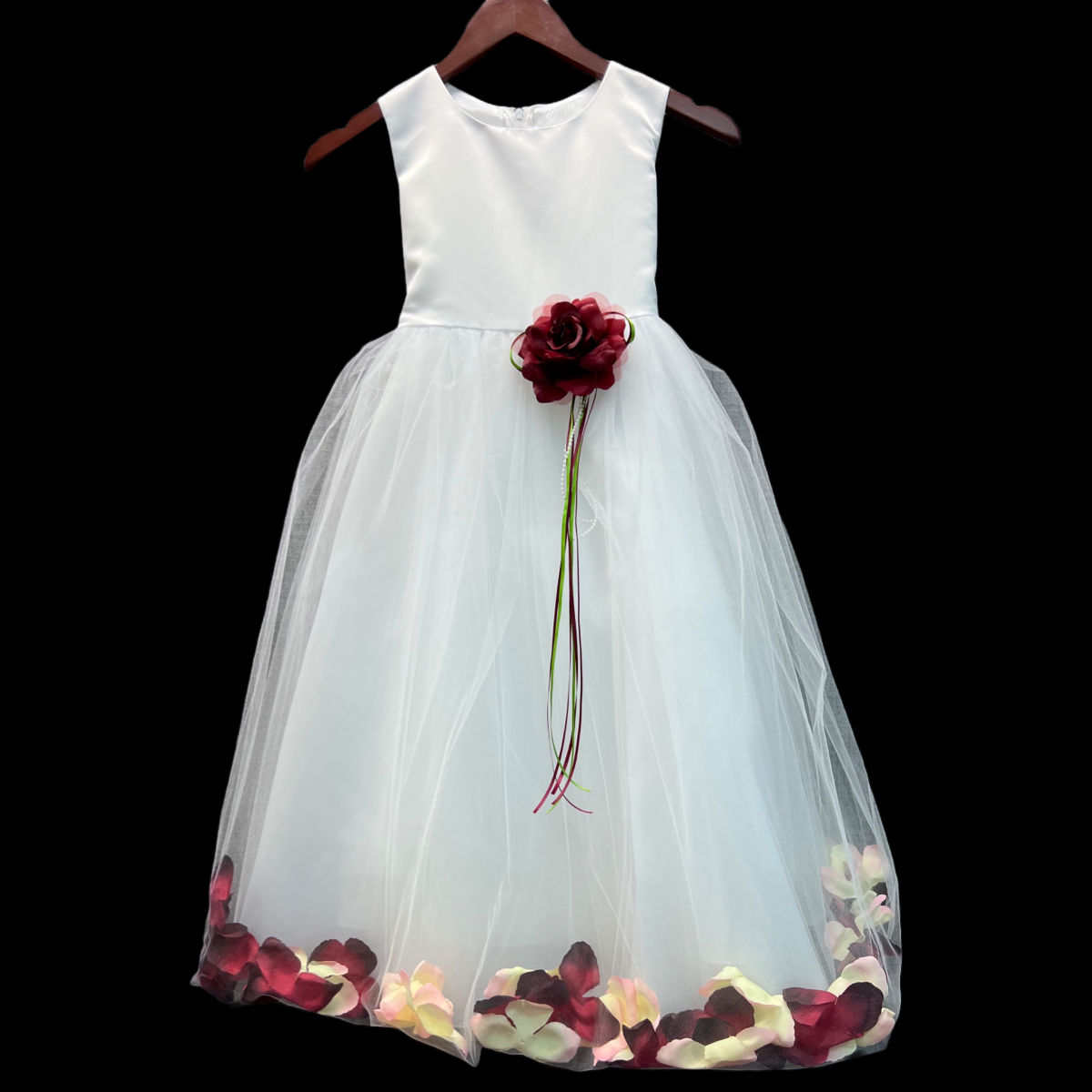 White Flower Girl Dress w/ Organza Tulle Floral Skirt