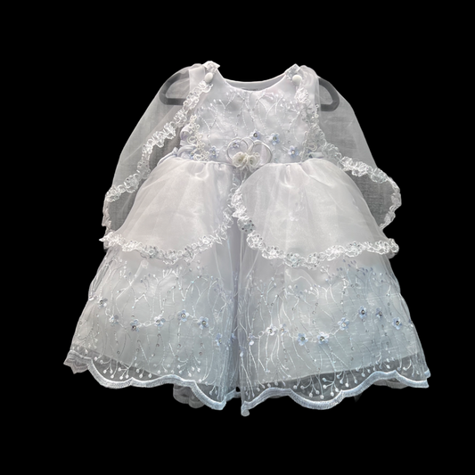Sleeveless Floral Embroidered Baby Gown w/ Organza Cape