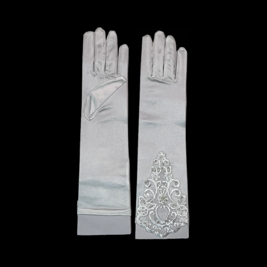 Long White Satin Gloves w/ Pearl Accents