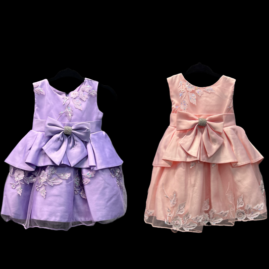 Baby Satin Embroidered Dress W/ Satin Rhinestone Bow
