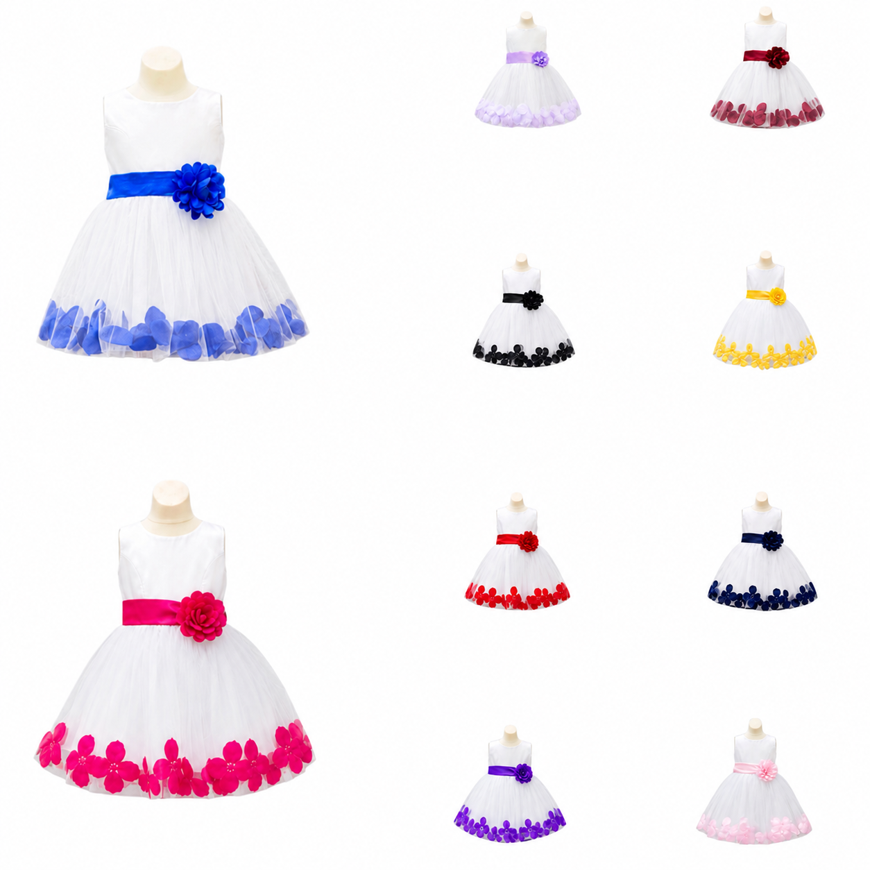 White Tea-Length Tulle Baby Dress with Floral Appliqué Hem & Rosette Waist
