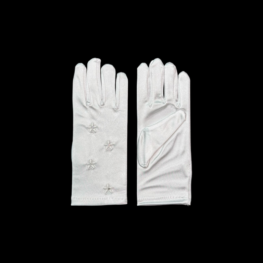 Satin White Gloves w/ Floral Embroidery & Rhinestones