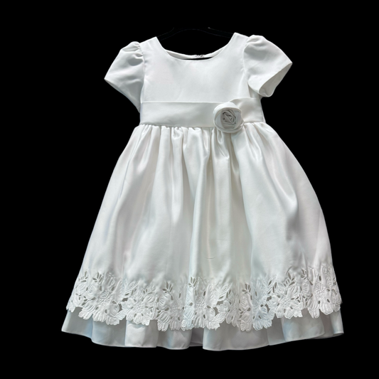 Baby/Toddler White Short Sleeve Satin Dress w/ Floral Embroidery
