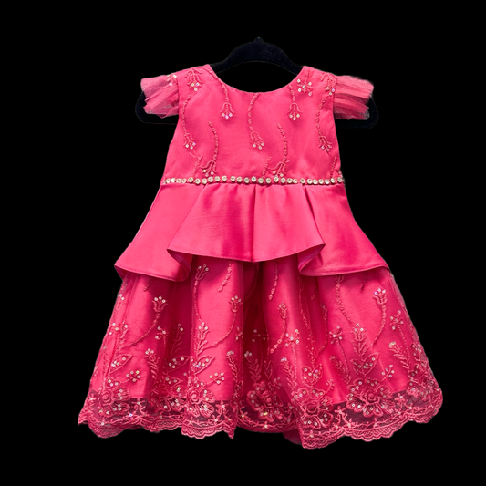 Baby Satin Embroidered Dress W/ Sequin & Rhinestone Accents