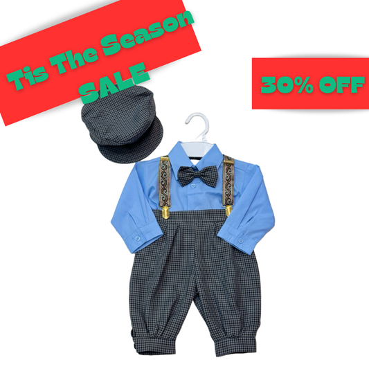 5-Piece Plaid Sky Blue/Grey Suspender Set