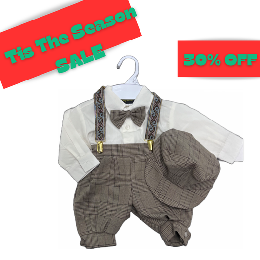 5-Piece Plaid Ivory/Taupe Suspender Set