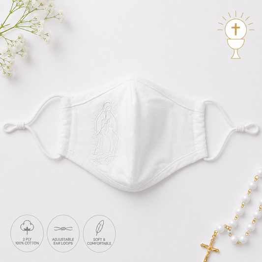 White First Communion Face Mask with Embroidered Hail Mary