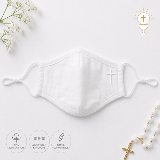 White First Communion Face Mask with Embroidered Cross