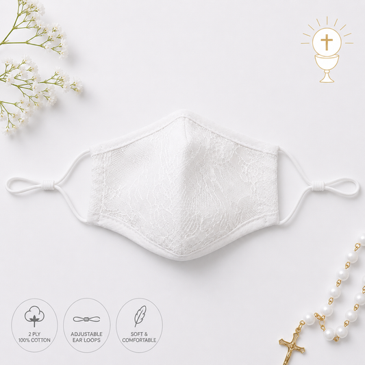 White First Communion Face Mask with Lace Overlay