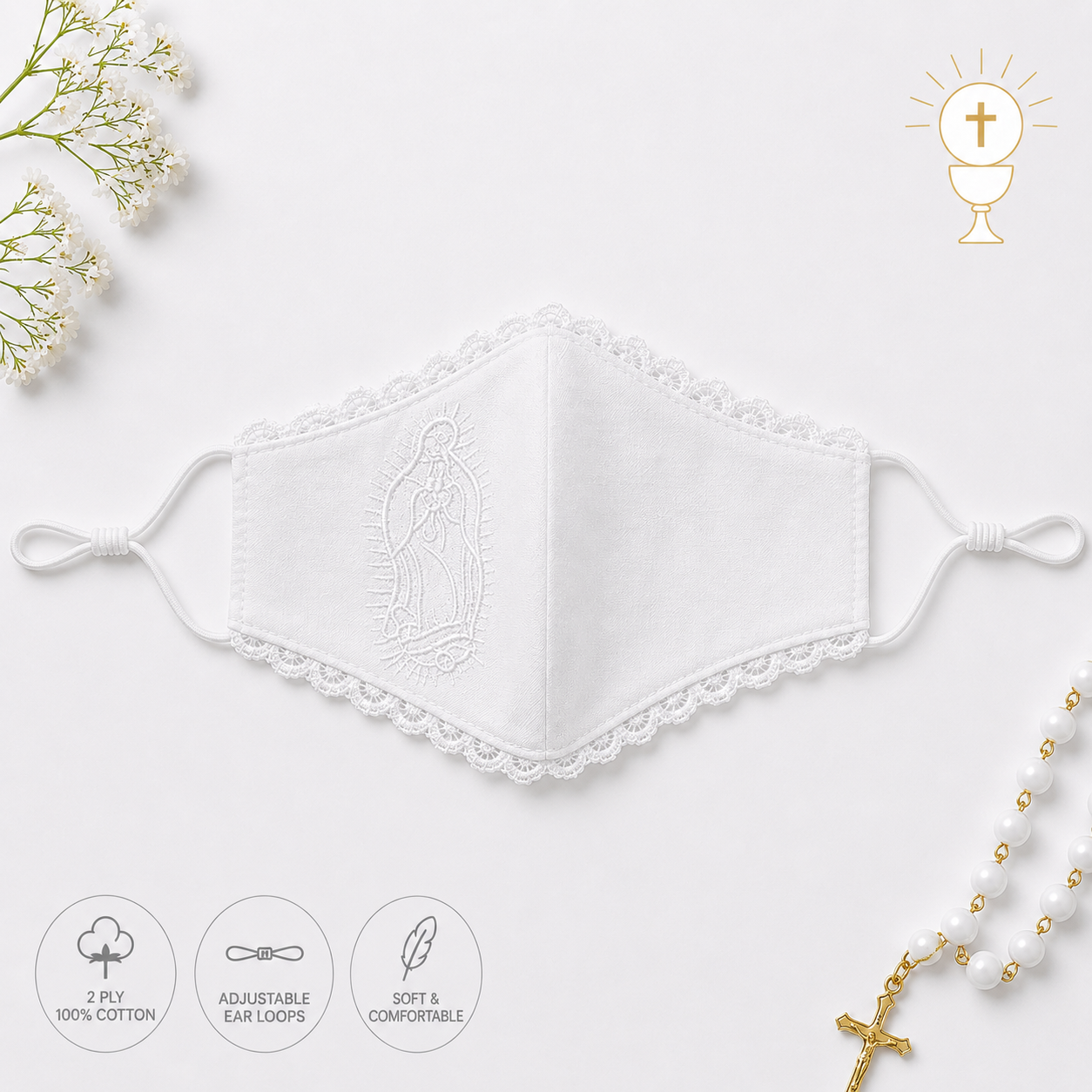 White First Communion Face Mask with Embroidered Hail Mary & Lace Trim