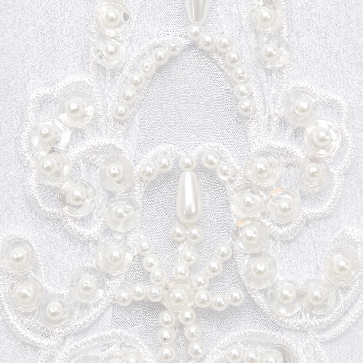 Girls' White Satin Gloves with Pearl Beading & Mesh Trim