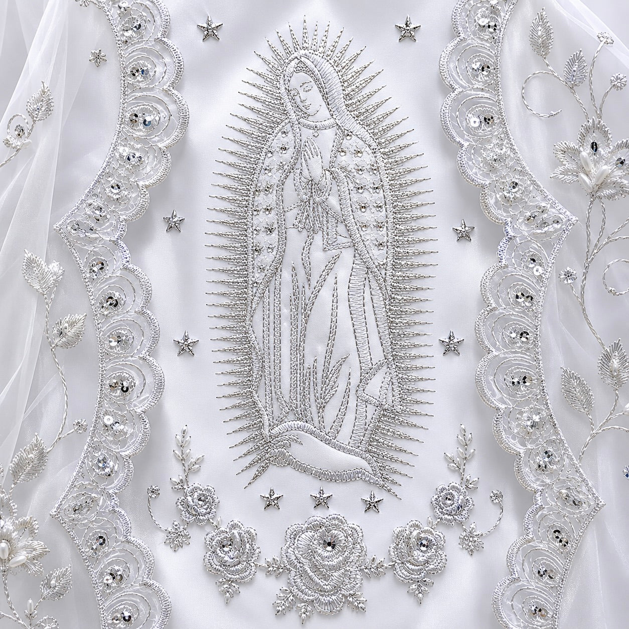 Cap Sleeve Baby Girl Baptism Gown with “Hail Mary” Embroidery, Organza Cape & Bonnet Set