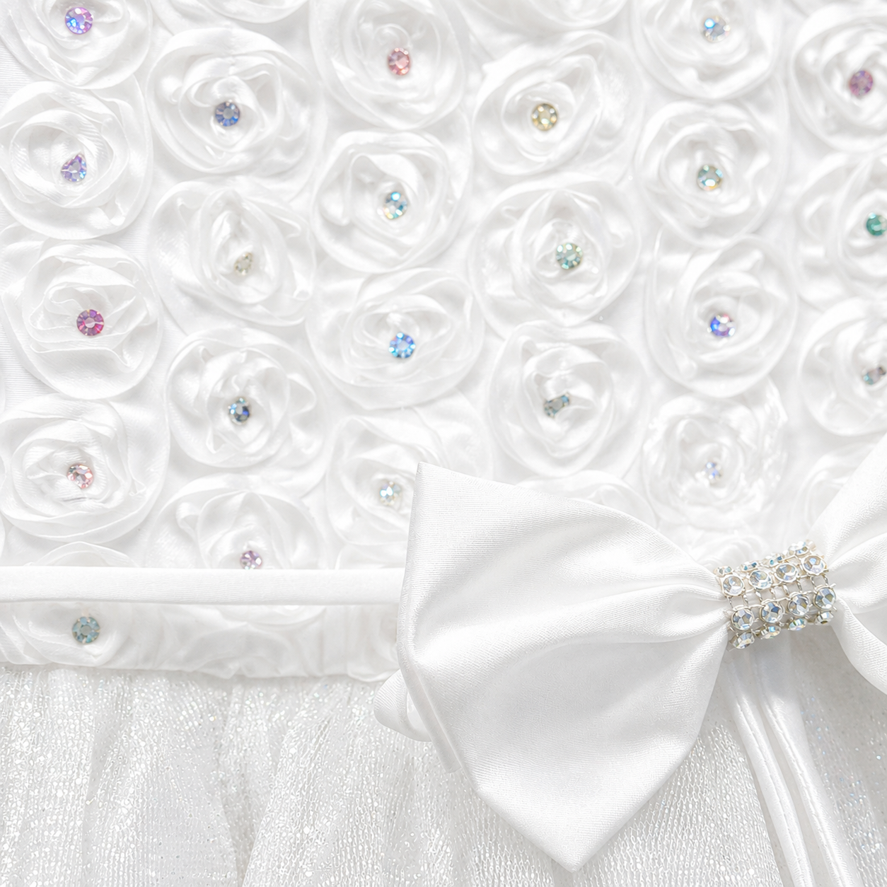 White Glitter Tulle Baby Girl Dress with Floral Rosette Bodice, Rhinestone Bow & Matching Headband