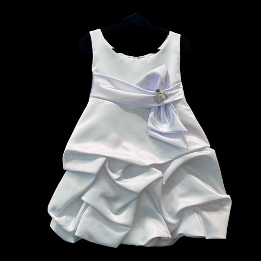Toddler Tea-length White Satin Dress w/ Bow and Heart Brooch