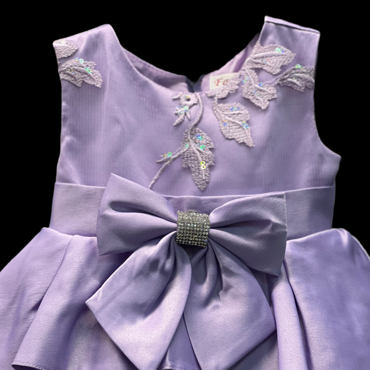 Fancy Kids Satin Embroidered Dress W/ Satin Rhinestone Bow
