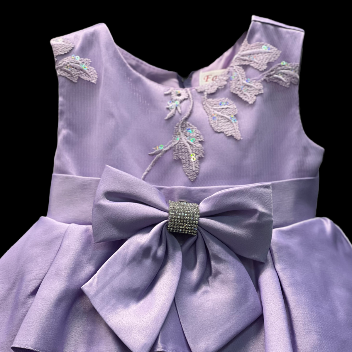 Baby Satin Embroidered Dress W/ Satin Rhinestone Bow