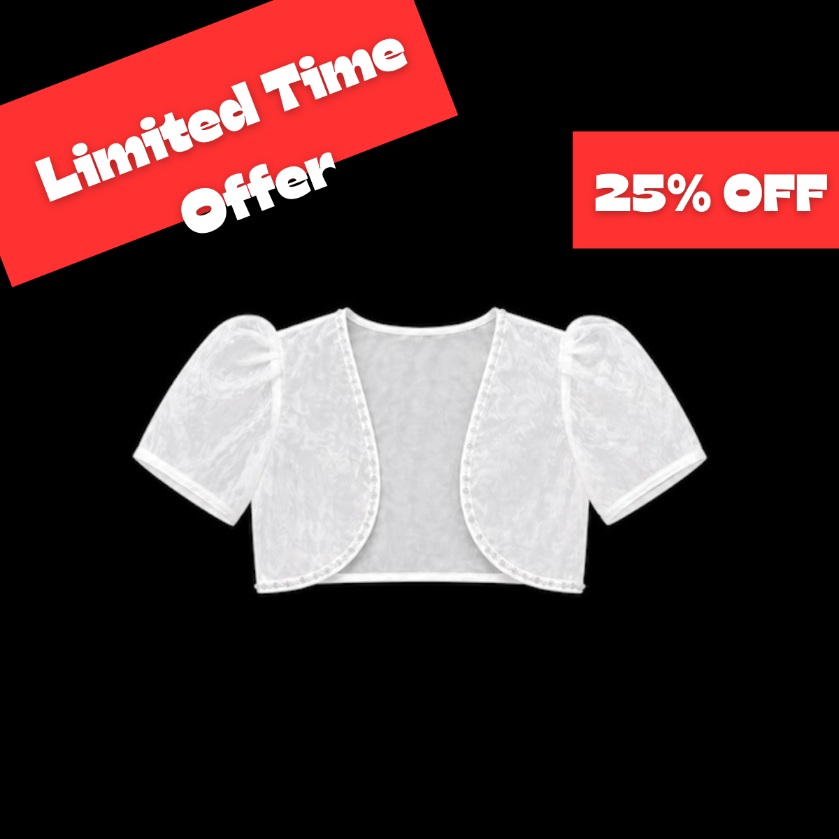 Short Puff Sleeve Organza Bolero with Beaded Trim