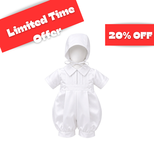 Tip Top Kids Baby Boys' White Pleated 2-Piece Baptism Romper Set with Bonnet