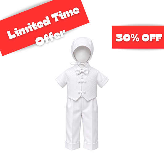 Tip Top Kids Baby Boys' White Diamond Embroidered 4-Piece Formal Suit with Bonnet