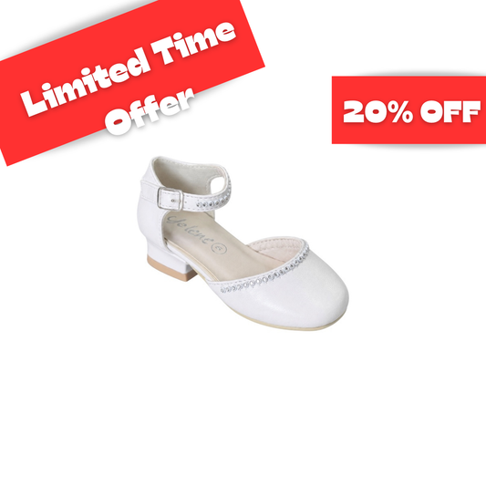 Jolene White Satin Low Heel Dress Shoes with Rhinestone Trim & Ankle Strap
