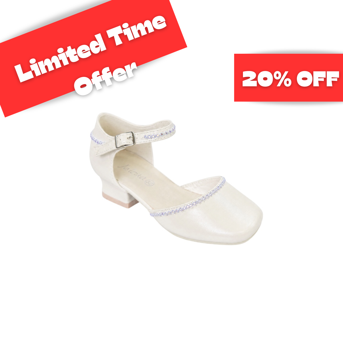 Jolene Ivory Satin Low Heel Dress Shoes with Rhinestone Trim & Ankle Strap