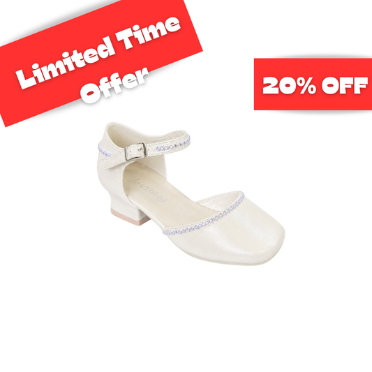 Jolene Ivory Satin Low Heel Dress Shoes with Rhinestone Trim & Ankle Strap