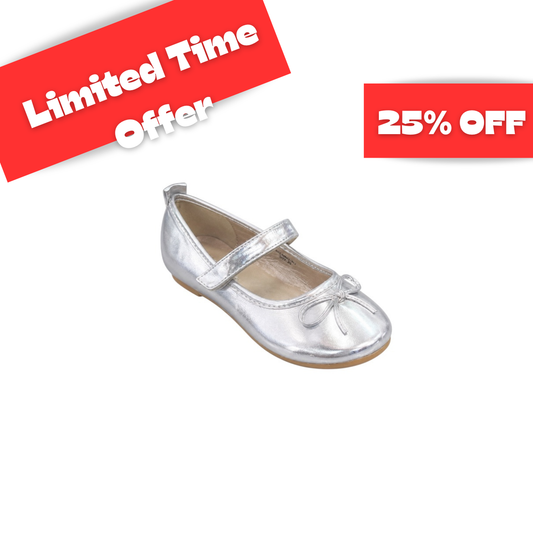 Jolene Girls' Silver Ballet Flats with Bow & Velcro Strap