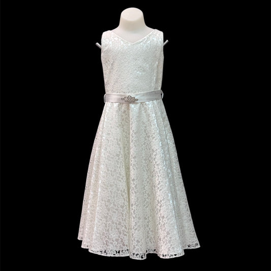 Pre-Teen Ivory Lace Dress w/ Rhinestone Brooch (Size 10)