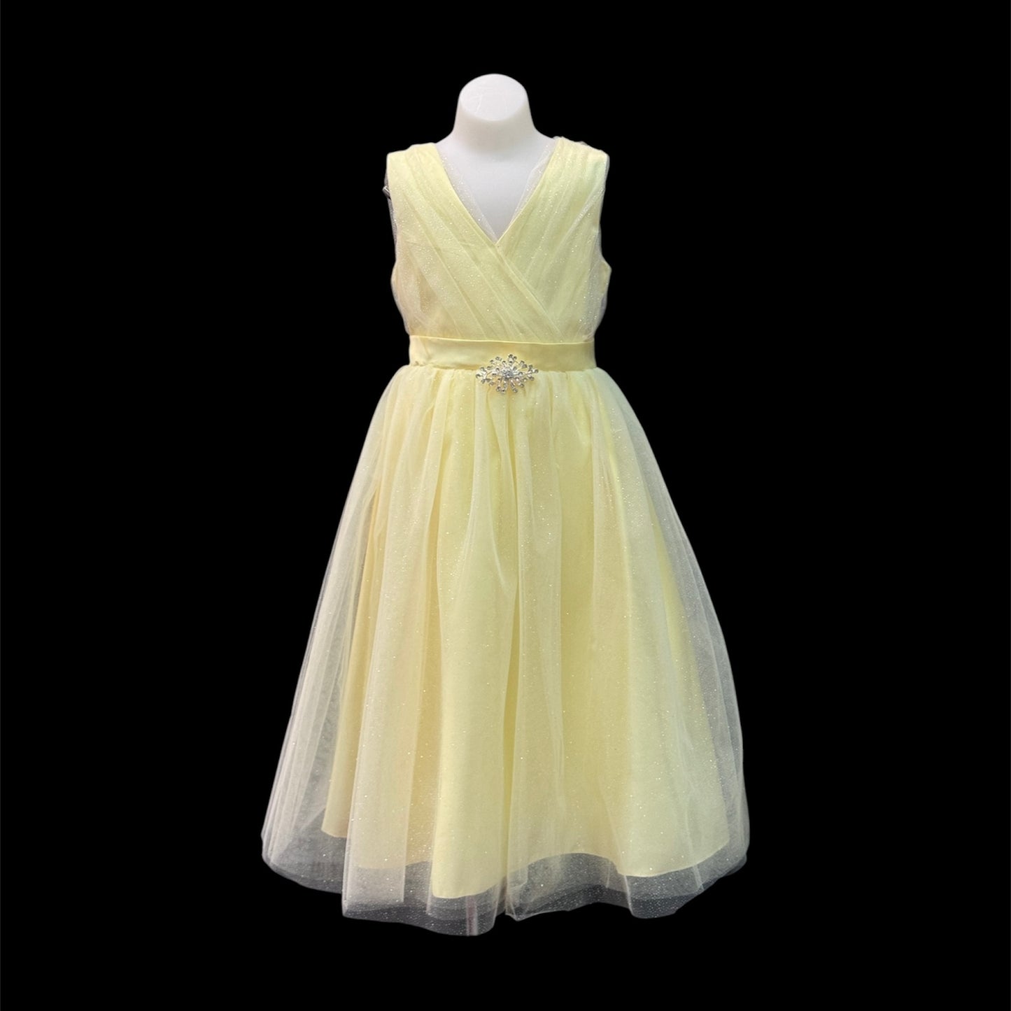 Sleeveless Glitter V-Neck Tulle Yellow Dress w/ Rhinestone Brooch