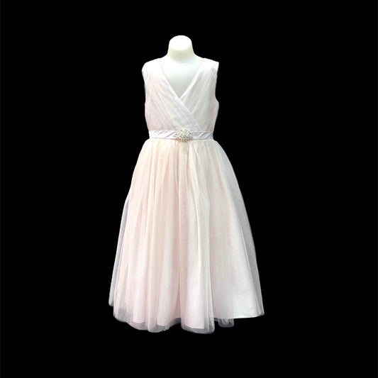 Sleeveless Glitter V-Neck Tulle Blush Dress w/ Rhinestone Brooch (Size 12)