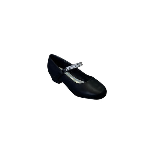 Fancy Kids Elegant Rhinestone Strap Black Dress Shoe w/ Small Heel