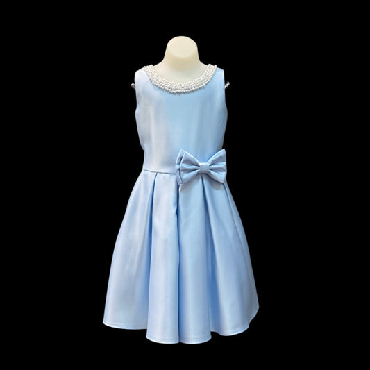 Elegant Light Blue Pearl-Neckline Dress w/ Double Bow Accent