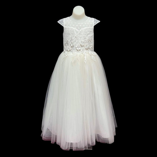 Ivory Cap Sleeve Dress w/ Lace and Floral Embroidered Bodice