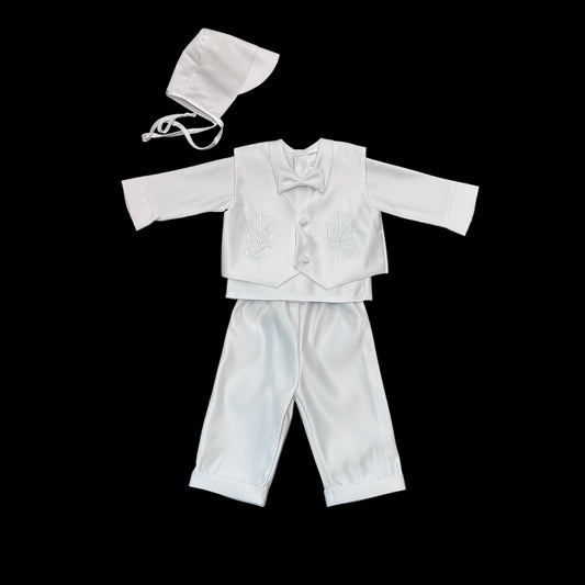 Embroidered Dove and Cross 3-Piece Baptism Suit w/ Hat