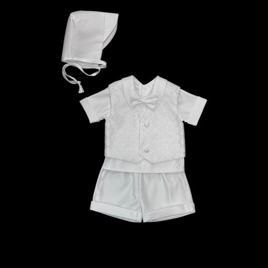Classic Diamond Pattern 3-Piece Shorts & Short Sleeve Baptism Suit w/ Hat
