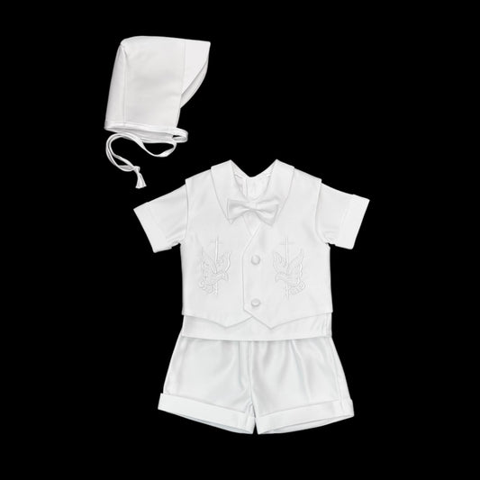 Embroidered Dove and Cross 3-Piece Shorts & Short-Sleeve Baptism Suit w/ Hat