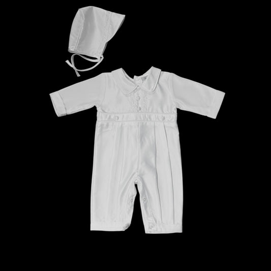 Classic One-Piece Christening Romper w/ Matching Hat