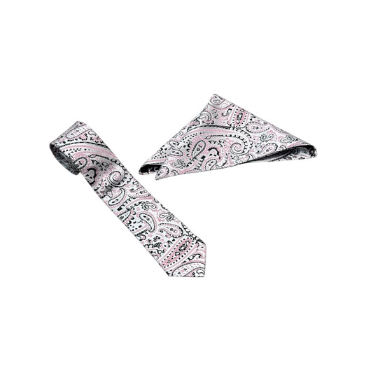 Pink, White & Black Paisley Mens Necktie & Pocket Square