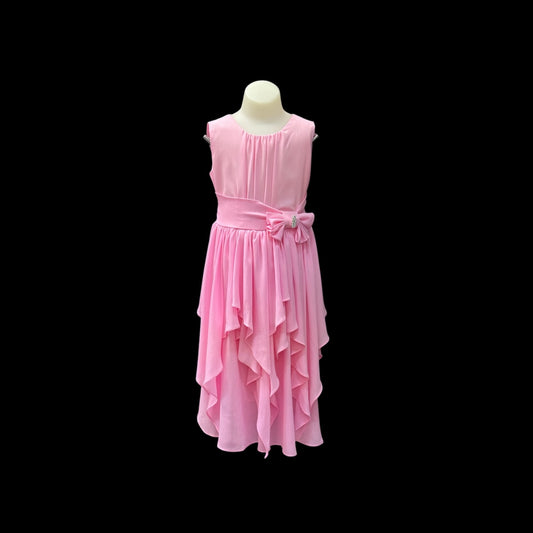 Sleeveless Pink Dress w/ Cascading Ruffle Skirt & Rhinestone Bow